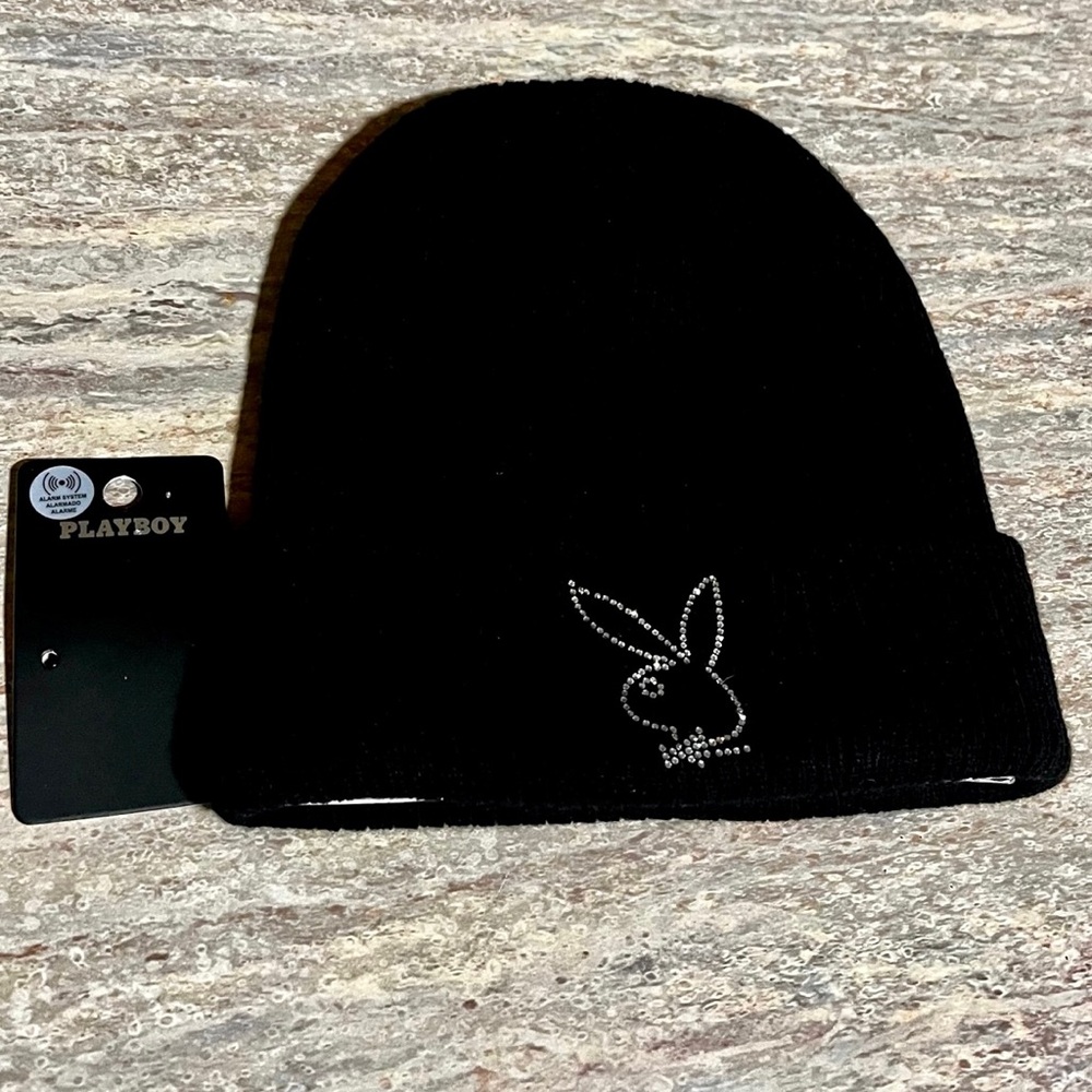 Playboy Black Beanie Hat with Rhinestone Embellished Bunny